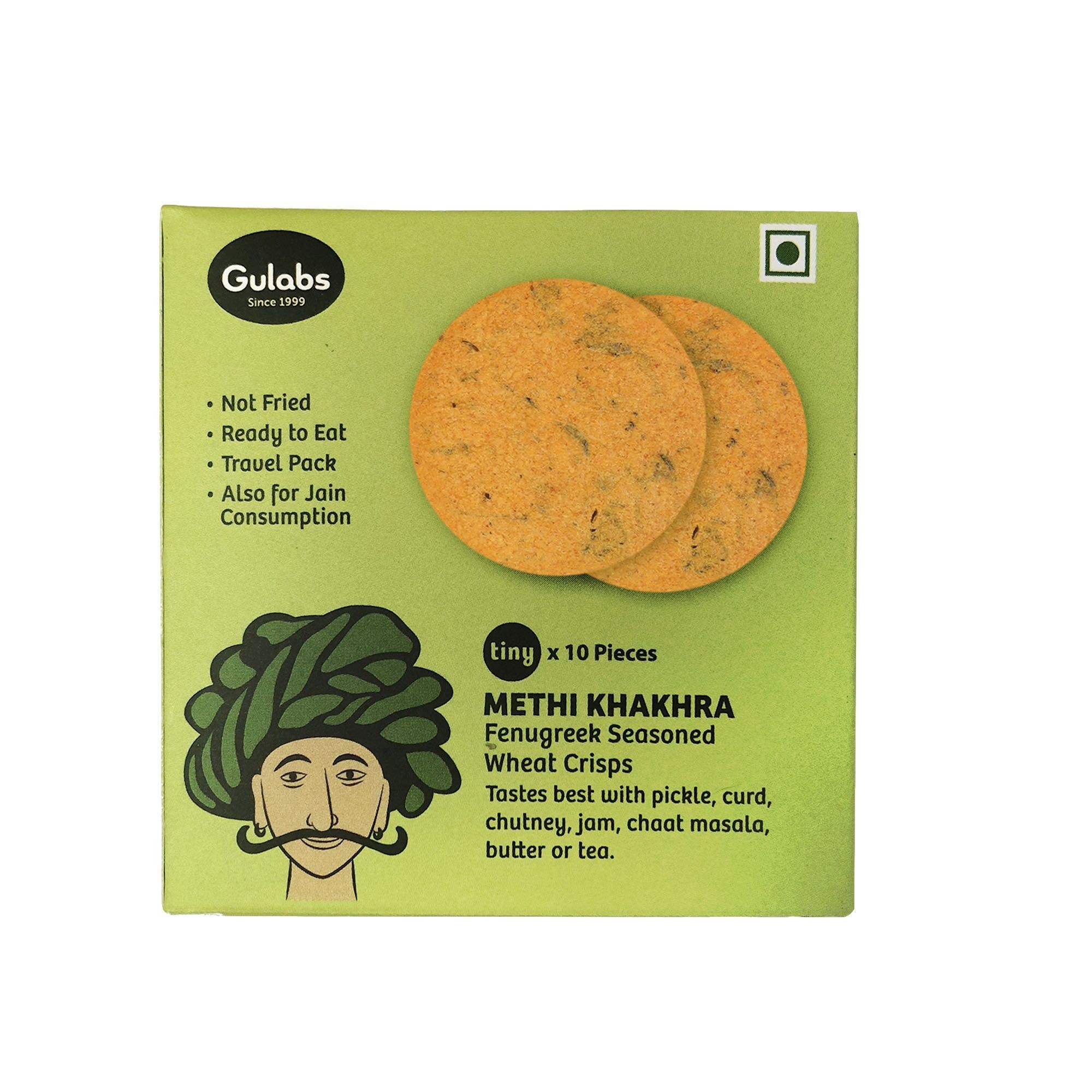 Gulabs Tiny Methi Khakhra Fenugreek Seasoned Wheat Crisps   Box  10 pcs